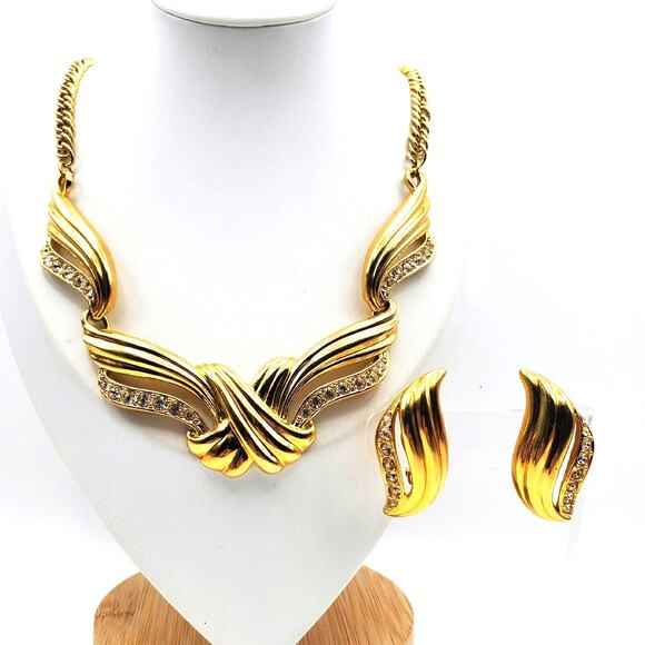Avon Gold Tone Crystal Necklace & Clip Earrings Large Undeniable Williams 1990s - Picture 1 of 7